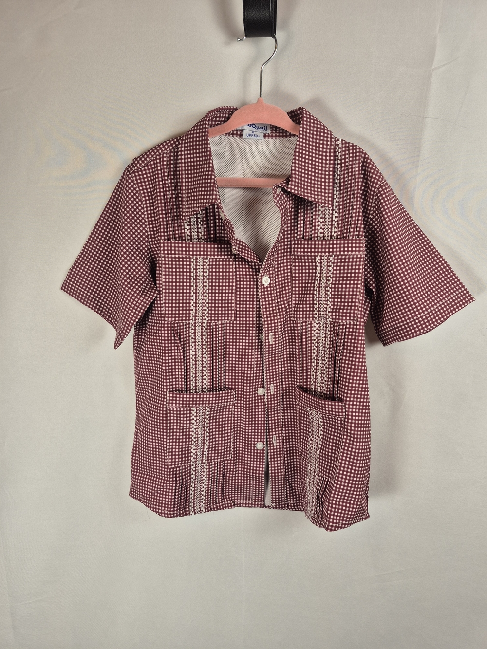Blue Quail Kids Short Sleeve Button-Up Shirt in Burgundy and White SPF 50